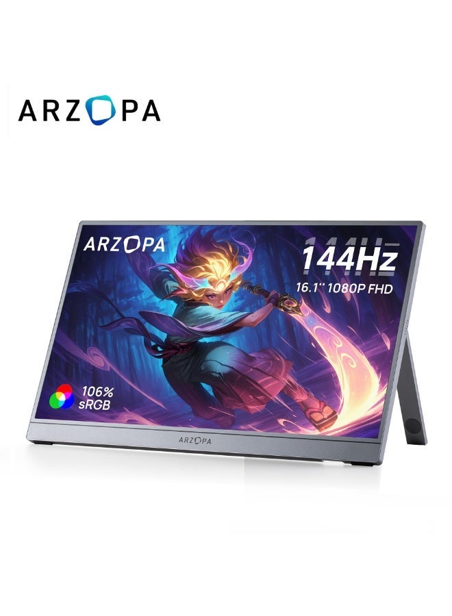 ARZOPA 16.1'' 144Hz Portable Gaming Monitor, 65% sRGB 1080P FHD Kickstand Portable Monitor with HDR, Ultra Slim, Eye Care, External Second Screen for Laptop, PC, PS5, Mac, Xbox - Image 1